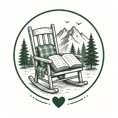 Hüttengeschichten – Schaukelstuhl mit offenem Buch vor Bergkulisse